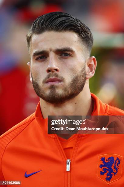 Wesley Hoedt of the Netherlands stands for the national anthem prior to the FIFA 2018 World Cup Qualifier between the Netherlands and Luxembourg held...