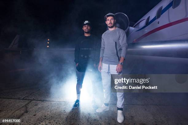 Douglas Costa of Brazil and Mathew Leckie of Australia pose for a photo during the Nike 'No Turning Back' Fan Meet & Greet at Hangar 85 on June 10,...