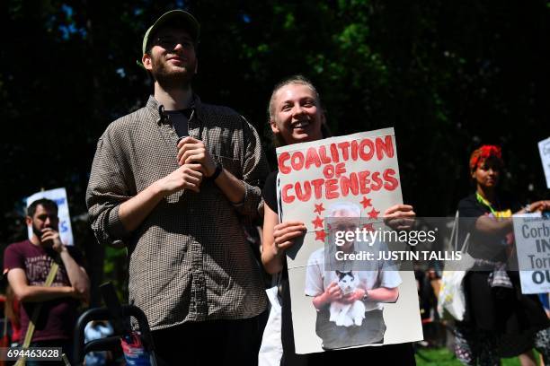 Labour supporters hold placards at an anti-Conservative Party and anti-Democratic Unionist Party demonstration in Parliament Square in front of the...