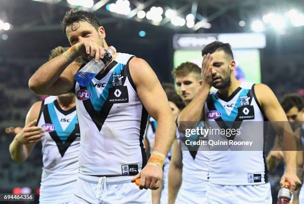 Travis Boak of the Power looks dejected after losing the round 12 AFL match between the Essendon Bombers and the Port Adelaide Power at Etihad...