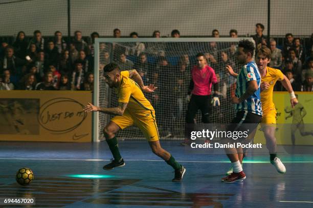 Players compete in a Futsal tournament during the Nike 'No Turning Back' Fan Meet & Greet at Hangar 85 on June 10, 2017 in Melbourne, Australia.