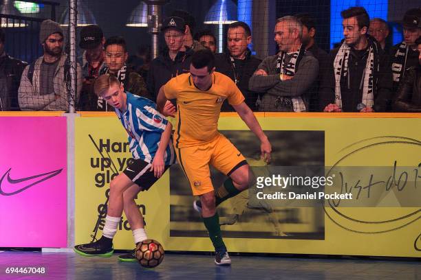 Players compete in a Futsal tournament during the Nike 'No Turning Back' Fan Meet & Greet at Hangar 85 on June 10, 2017 in Melbourne, Australia.