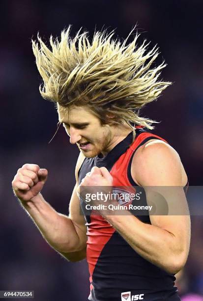 Dyson Heppell of the Bombers celebrates kicking a goal during the round 12 AFL match between the Essendon Bombers and the Port Adelaide Power at...