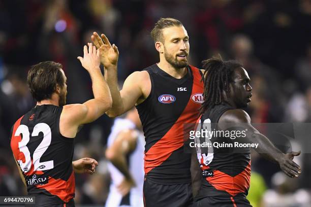 Cale Hooker of the Bombers is congratulated by team mates after kicking a goal during the round 12 AFL match between the Essendon Bombers and the...