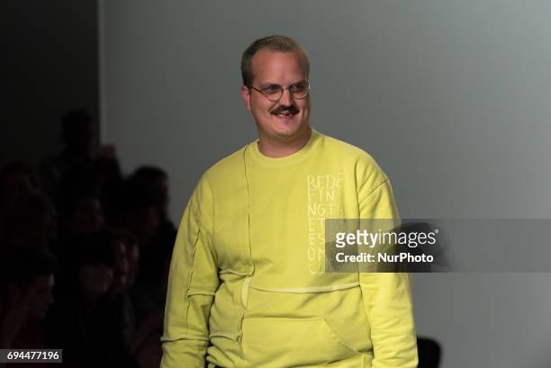 Model walks the runway at the Liam Hodges show during the London Fashion Week Men's June 2017 collections on June 9, 2017 in London, England.
