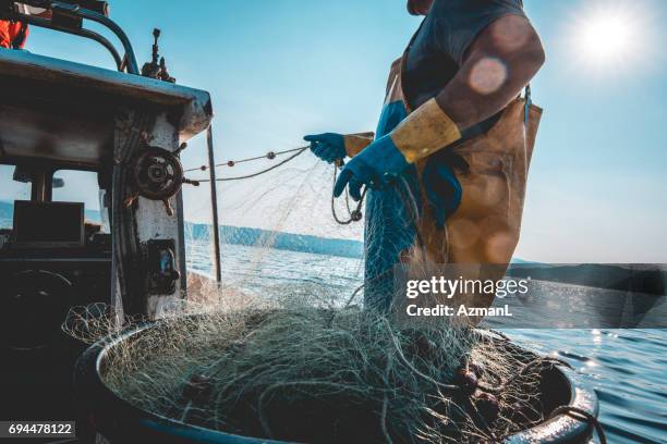 fisherman at work - commercial fishing net stock pictures, royalty-free photos & images