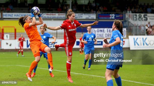 Julia Kassen of Meppen saves the ball against Chiara Pucci of Bayern during the B Junior Girl's German Championship Semi Final match between SV...