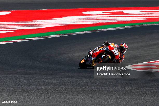 Dani Pedrosa of Spain and Repsol Honda Team rides during the qualifying at Circuit de Catalunya on June 10, 2017 in Montmelo, Spain.
