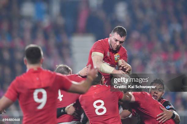 Peter OMahony of the Lions wins a lineout during the match between the Crusaders and the British & Irish Lions at AMI Stadium on June 10, 2017 in...