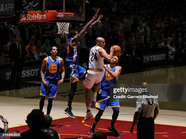 Richard Jefferson of the Cleveland Cavaliers passes the ball against the Golden State Warriors in Game Four of the 2017 NBA Finals on June 9, 2017 at...