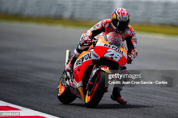 Dani Pedrosa of Repsol Honda Team braking hard his bike during the Moto GP of Catalunya at Circuit de Catalunya on June 9, 2017 in Montmelo, Spain..