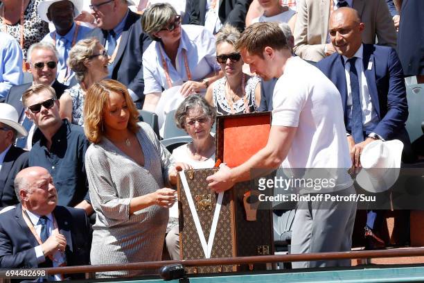 Boxing Olympic Champion Estelle Mossely and Actor Alexander Skarsgard present the Suzanne-Lenglen's Cup and his Louis Vuitton trunk before the Women...