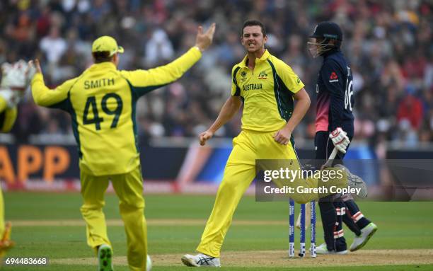 Josh Hazlewood of Australia celebrates dismissing Joe Root of England during the ICC Champions Trophy match between England and Australia at...