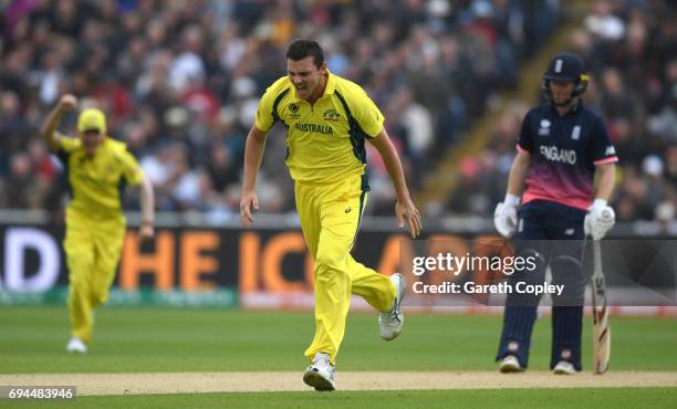 Josh Hazlewood of Australia celebrates dismissing Joe Root of England during the ICC Champions Trophy match between England and Australia at...