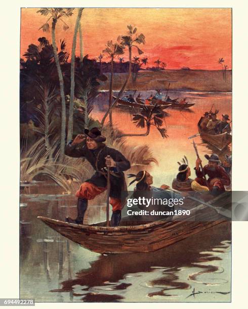 robert de la salle exploring the mississippi river. - explorer stock illustrations