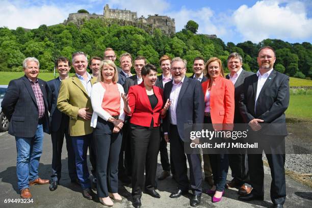 Scottish Conservative leader Ruth Davidson poses with the newly elected members of parliament with the backdrop of Stilling Castle on June 10, 2017...