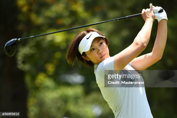 Rumi Yoshiba of Japan hits her tee shot during the third round of the Suntory Ladies Open at the Rokko Kokusai Golf Club on June 10, 2017 in Kobe,...