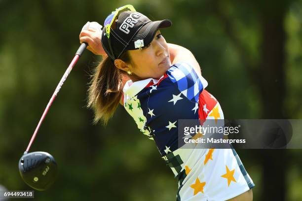 Asako Fujimoto of Japan hits her tee shot during the third round of the Suntory Ladies Open at the Rokko Kokusai Golf Club on June 10, 2017 in Kobe,...