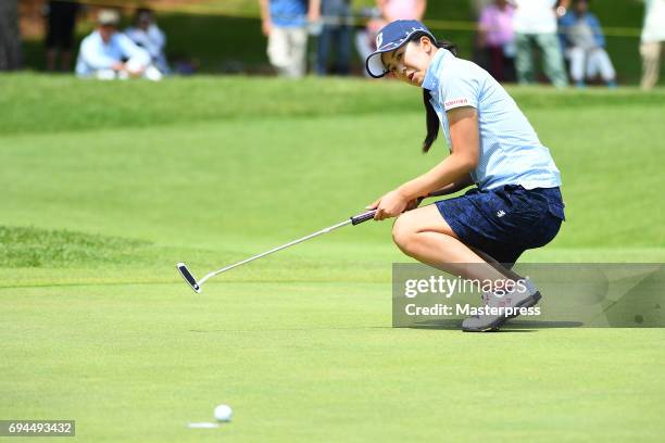 Kotone Hori of Japan reacts during the third round of the Suntory Ladies Open at the Rokko Kokusai Golf Club on June 10, 2017 in Kobe, Japan.