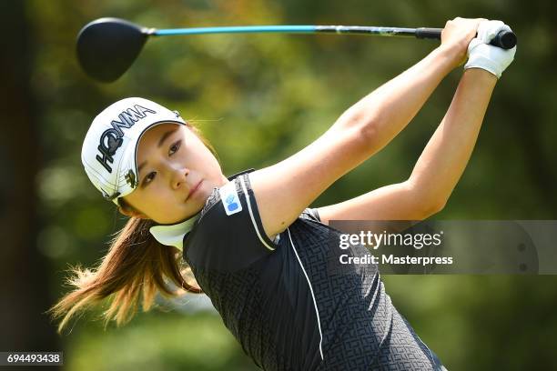 Haruka Morita of Japan hits her tee shot during the third round of the Suntory Ladies Open at the Rokko Kokusai Golf Club on June 10, 2017 in Kobe,...