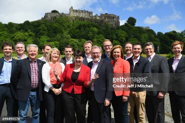 Scottish Conservative leader Ruth Davidson poses with the newly elected members of parliament with the backdrop of Stilling Castle on June 10, 2017...