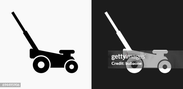 lawn mower icon on black and white vector backgrounds - mower stock illustrations