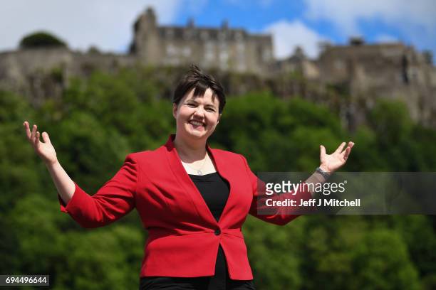 Scottish Conservative leader Ruth Davidson poses following meeting with her newly elected members of parliament with the backdrop of Stilling Castle...
