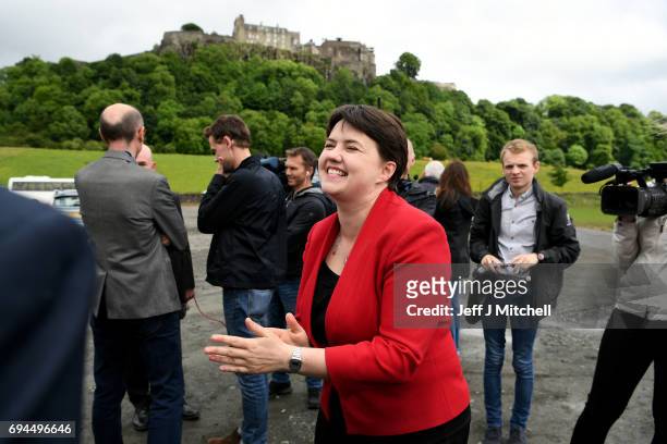 Scottish Conservative leader Ruth Davidson poses following meeting with her newly elected members of parliament with the backdrop of Stilling Castle...