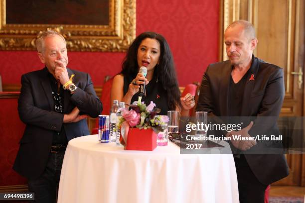 Wolfgang Puck, Gelila Puck and Gery Keszler speak at the Life Ball 2017 press conference at Town Hall on June 10, 2017 in Vienna, Austria. The Life...