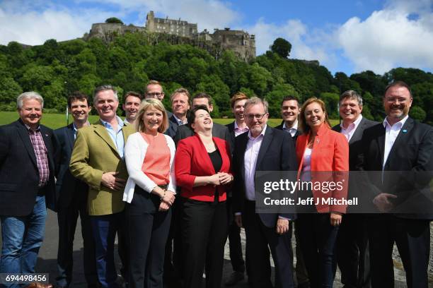 Scottish Conservative leader Ruth Davidson poses with the newly elected members of parliament with the backdrop of Stilling Castle on June 10, 2017...