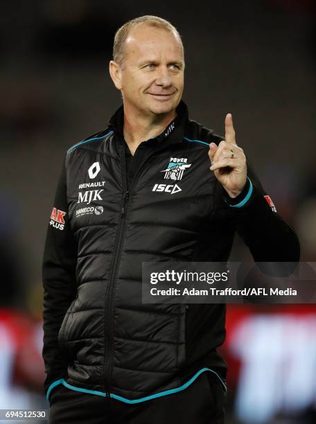 Ken Hinkley, Senior Coach of the Power gestures during the 2017 AFL round 12 match between the Essendon Bombers and the Port Adelaide Power at Etihad...