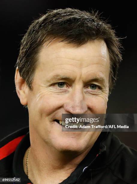 John Worsfold, Senior Coach of the Bombers looks on during the 2017 AFL round 12 match between the Essendon Bombers and the Port Adelaide Power at...