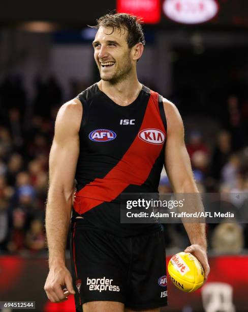 Jobe Watson of the Bombers celebrates during the 2017 AFL round 12 match between the Essendon Bombers and the Port Adelaide Power at Etihad Stadium...