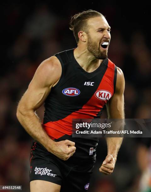 Cale Hooker of the Bombers celebrates a goal during the 2017 AFL round 12 match between the Essendon Bombers and the Port Adelaide Power at Etihad...
