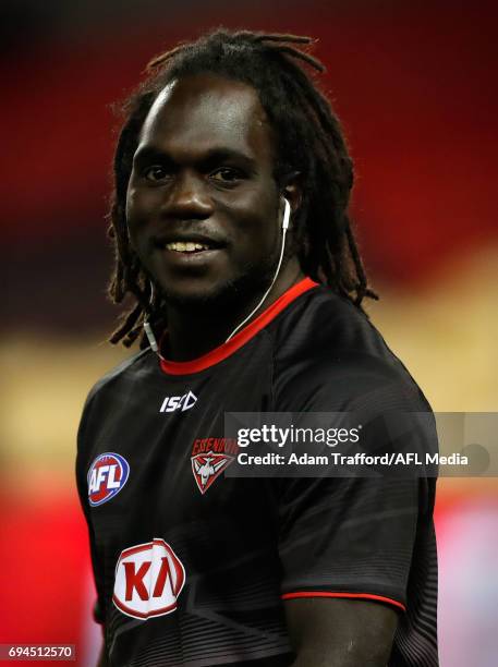 Anthony McDonald-Tipungwuti of the Bombers looks on during the 2017 AFL round 12 match between the Essendon Bombers and the Port Adelaide Power at...