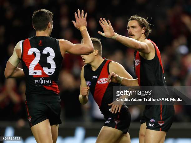 Joe Daniher of the Bombers celebrates a goal with David Myers of the Bombers during the 2017 AFL round 12 match between the Essendon Bombers and the...