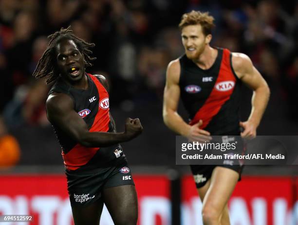 Anthony McDonald-Tipungwuti of the Bombers celebrates a goal during the 2017 AFL round 12 match between the Essendon Bombers and the Port Adelaide...
