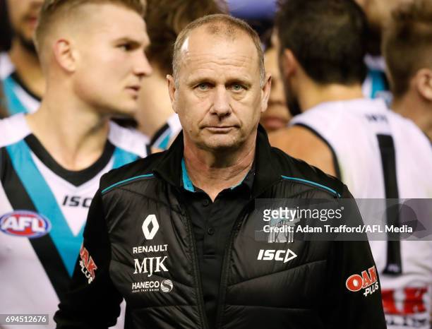 Ken Hinkley, Senior Coach of the Power looks on during the 2017 AFL round 12 match between the Essendon Bombers and the Port Adelaide Power at Etihad...