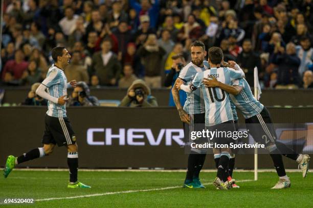 Gabriel Mercado of the Argentinan National Football Team celebrates his goal with Ever Banega of the Argentinan National Football Team, Nicolas...