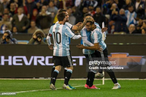 Gabriel Mercado of the Argentinan National Football Team celebrates his goal with Ever Banega of the Argentinan National Football Team, Nicolas...