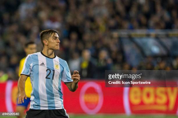 Paulo Ezequiel Dybala of the Argentinan National Football Team contemplates what could have been during the International Friendly Match Between...
