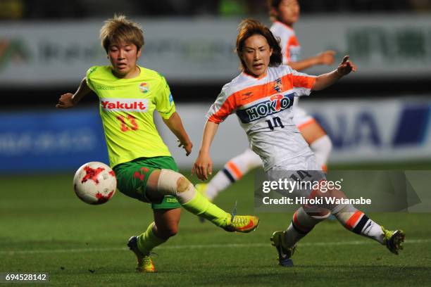 Mizuka Sato of JEF United Chiba Ladies and Shiho Tomari of AC Nagano Parceiro Ladies compete for the ball during the Nadeshiko League Cup Group A...