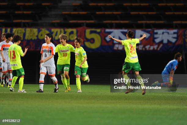 Yuka Anzai of JEF United Chiba Ladies celebrates scoring her team`s second goal during the Nadeshiko League Cup Group A match between JEF United...