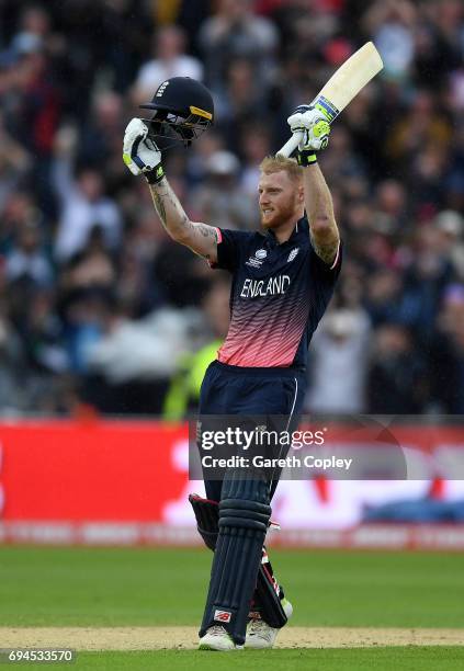 Ben Stokes of England celebrates reaching his century during the ICC Champions Trophy match between England and Australia at Edgbaston on June 10,...