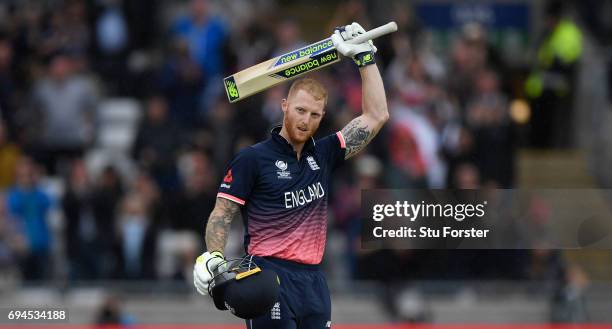 England batsman Ben Stokes reaches his century during the ICC Champions Trophy match between England and Australia at Edgbaston on June 10, 2017 in...