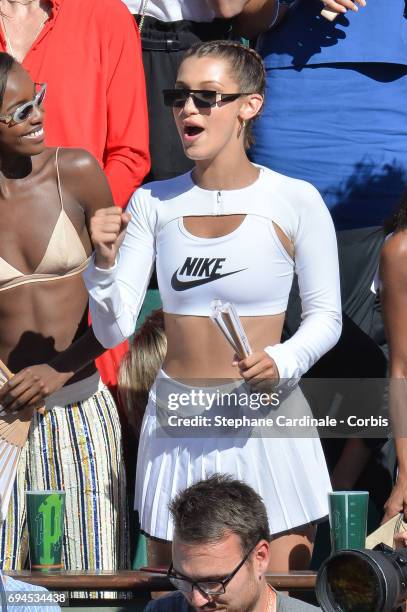 Model Bella Hadid attends the French Tennis Open 2017 - Day Fourteen at Roland Garros on June 10, 2017 in Paris, France.