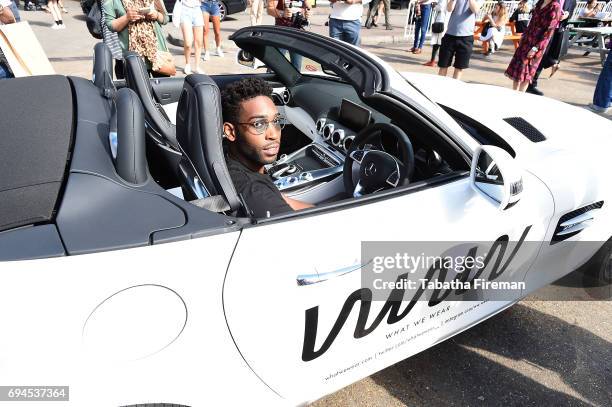 Tinie Tempah arrives by Mercedes-Benz at his "What We Wear" label fashion week presentation at Old Truman Brewery on June 10, 2017 in London, England.