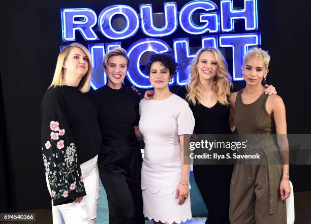 Actors Jillian Bell, Scarlett Johansson, Ilana Glazer, Kate McKinnon and Zoe Kravitz pose during "Rough Night" Photo Call at Crosby Street Hotel on...