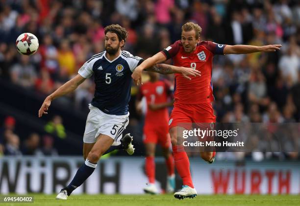 Charlie Mulgrew of Scotland and Harry Kane of England battle for possession during the FIFA 2018 World Cup Qualifier between Scotland and England at...