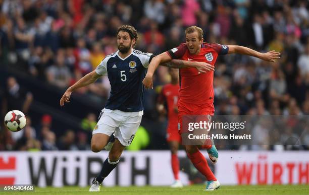 Charlie Mulgrew of Scotland and Harry Kane of England battle for possession during the FIFA 2018 World Cup Qualifier between Scotland and England at...
